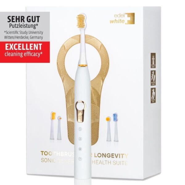 edel+white Sonic Generation Health Suite – Das Schweizer Taschenmesser der Mundpflege - von führenden Zahnprofis empfohlen. Elektrische Zahnbürste, weiss / gold. Putzleistung sehr gut.