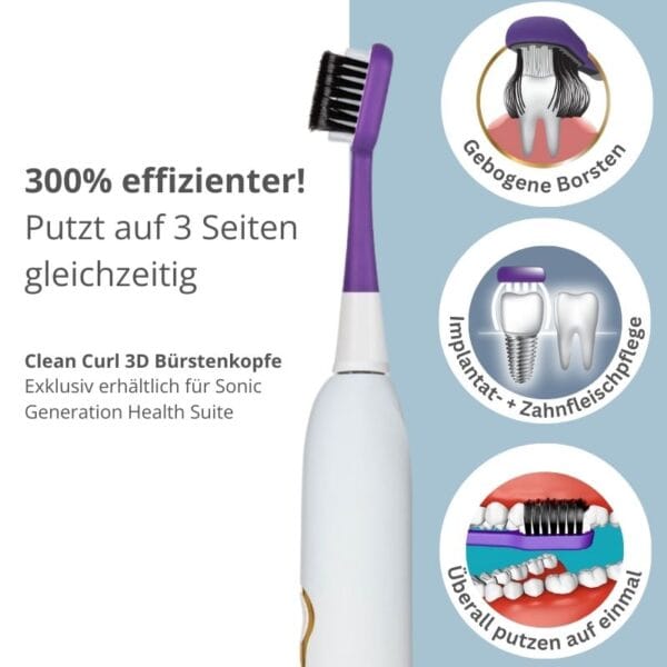 Brosse à dents sonique edel+white Sonic Generation Health Suite - Le couteau suisse de l'hygiène bucco-dentaire - recommandée par les plus grands professionnels dentaires. Tête de brosse 3D Clean Curl, nettoie les dents de 3 côtés en même temps. Convient particulièrement aux personnes dépendantes, au personnel soignant ou aux personnes handicapées. 