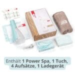edel+white Flosserpik Power Spa - Le champion des douches buccales mobiles avec beaucoup de puissance. Illustration Informations produit, contient 1 Power Spa, 1 lingette, 4 embouts, 1 chargeur 