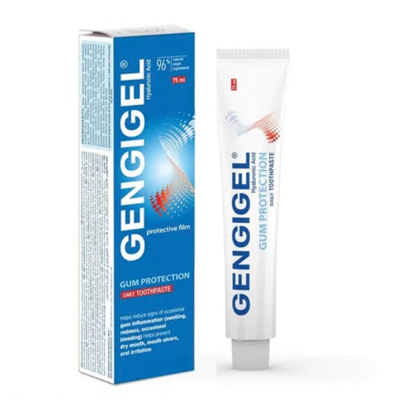 Gengigel Zahnfleischschutz Zahnpasta – mit Hyaluronsäure, Fluorid & Lactoferin für gesundes Zahnfleisch und starke Zähne. Abbildung Zahnpasta mit Verpackung