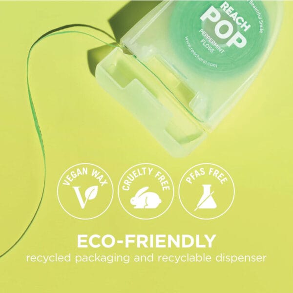 18230992 REACH POP Zahnseide Peppermint Floss – vegane, gewachste Zahnseide mit 384 Mikrofäden & nachhaltiger Verpackung, 50m, Pfefferminz Geschmack. Abbildung Zahnseide eco-friendly.