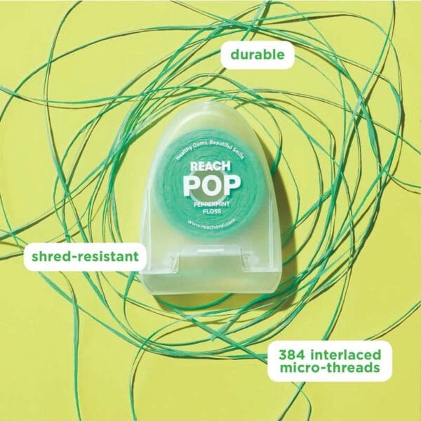 18230992 REACH POP Zahnseide Peppermint Floss – vegane, gewachste Zahnseide mit 384 Mikrofäden & nachhaltiger Verpackung, 50m, Pfefferminz Geschmack. Abbildung Zahnseide durable, shred-resistant.