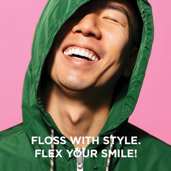 18230992 REACH POP Zahnseide Peppermint Floss – vegane, gewachste Zahnseide mit 384 Mikrofäden & nachhaltiger Verpackung, 50m, Pfefferminz Geschmack. Abbildung floss with style. flex your smile!