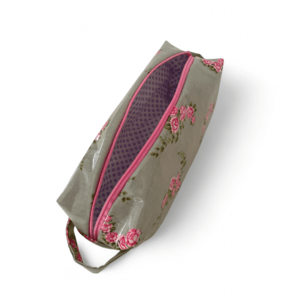 Kosmetiktasche in salbeigrün/rosa handgemacht Grösse 24x8x8cm Ansicht oben seitlich