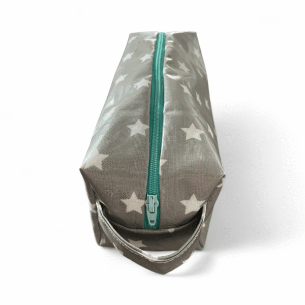 Cosmetic bag in gray/white handmade size 24x8x8cm front view