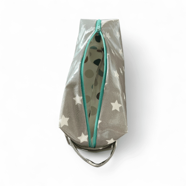 Cosmetic bag in gray/white handmade Size 24x8x8cm Open front view